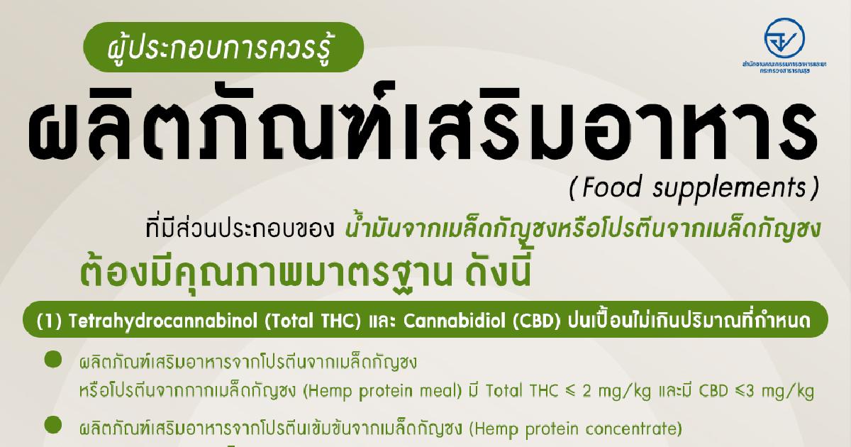 ผลิตภัณฑ์เสริมอาหาร (Food supplements) ที่มีส่วนประกอบของ น้ำมันจากเมล็ดกัญชงหรือโปรตีนจากเมล็ดกัญชง ต้องมีคุณภาพมาตรฐานดังนี้